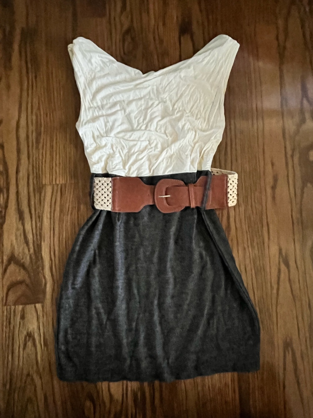 Love Two-Tone White and Charcoal Mini Dress with Brown Belt